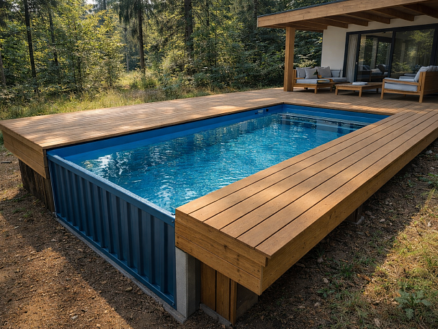 Бассейн из 20-футового морского контейнера, погружной монтаж в террасу, глубина 1,5 м, ПВХ-мембрана, ППУ 50–75 мм